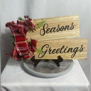 Rustic Seasons Greetings Christmas Wall Sign Plaid Bow Wood Holiday Decor 12x10